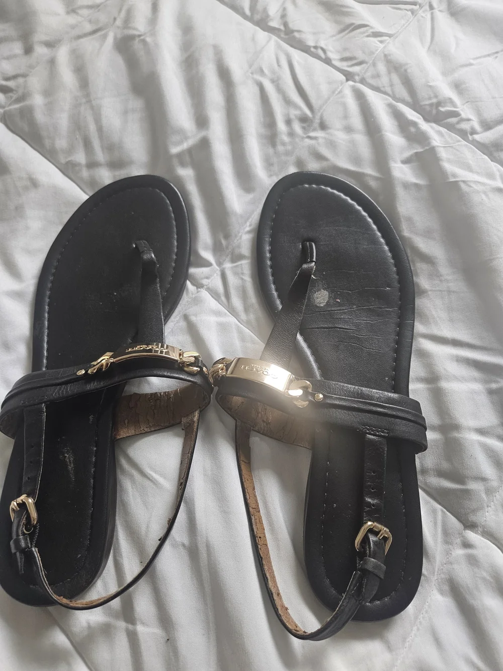 Coach Black Leather T-Strap Sandals with Gold Hardware